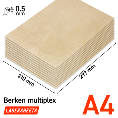 Lasersheets 10 x A4 Contrachapado de abedul de 0.5 mm | 210 x 297 mm | Pack ahorro | Para corte láser, modelismo, manualidades, CNC, pirografía