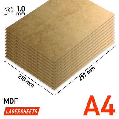 Lasersheets 10 x A4 1mm MDF | 210 x 297 mm | Pack ahorro | Para corte láser, maquetismo, hobby, CNC, pirografía