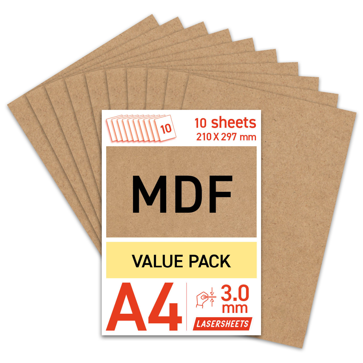 Lasersheets 10 x A4 3mm MDF | 210 x 297 mm | Pack ahorro | Para corte láser, maquetismo, hobby, CNC, pirografía