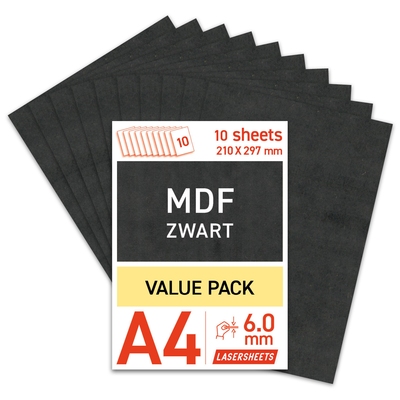 Lasersheets 10 x A4 MDF Negro 6mm | 210 x 297 mm | Pack ahorro | Para corte láser, modelismo, hobby, CNC, pirografía