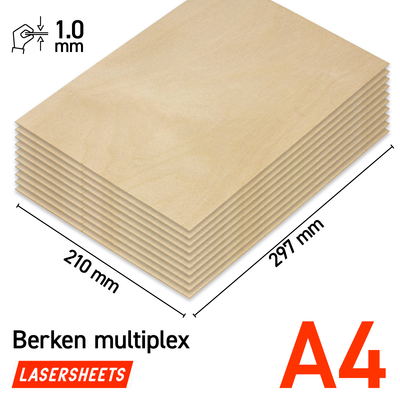 Lasersheets 10 x A4 Contrachapado de abedul de 1mm | 210 x 297 mm | Pack ahorro | Para corte láser, maquetismo, hobby, CNC, pirografía