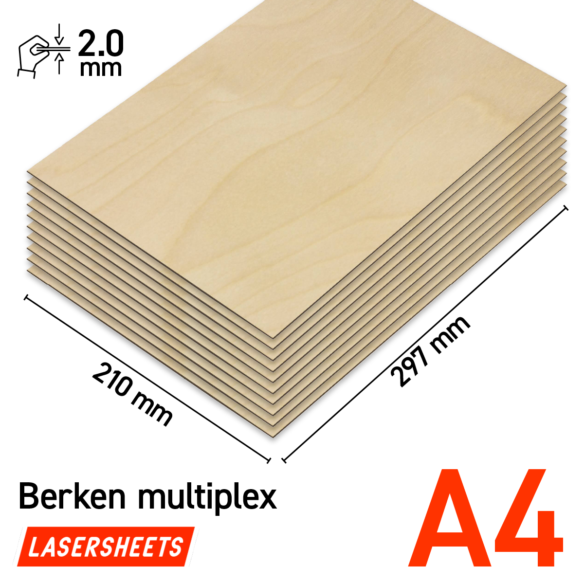 Lasersheets 10 x A4 2mm Contrachapado de abedul | 210 x 297 mm | Pack ahorro | Para corte láser, modelismo, hobby, CNC, pirografía