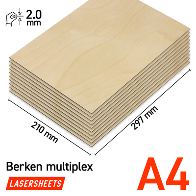 Lasersheets 10 x A4 2mm Contrachapado de abedul | 210 x 297 mm | Pack ahorro | Para corte láser, modelismo, hobby, CNC, pirografía