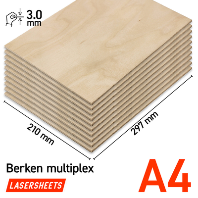 Lasersheets 10 x A4 Contrachapado de abedul 3mm | 210 x 297 mm | Pack ahorro | Para corte láser, modelismo, manualidades, CNC, pirografía