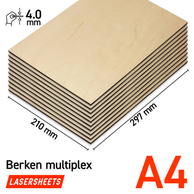 Lasersheets 10 x A4 Contrachapado de abedul de 4mm | 210 x 297 mm | Pack ahorro | Para corte láser, modelismo, manualidades, CNC, pirografía