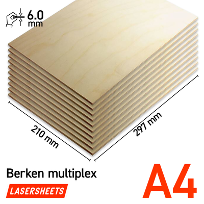 Lasersheets 10 x A4 6mm Contrachapado de abedul | 210 x 297 mm | Pack ahorro | Para corte láser, maquetismo, hobby, CNC, pirografía