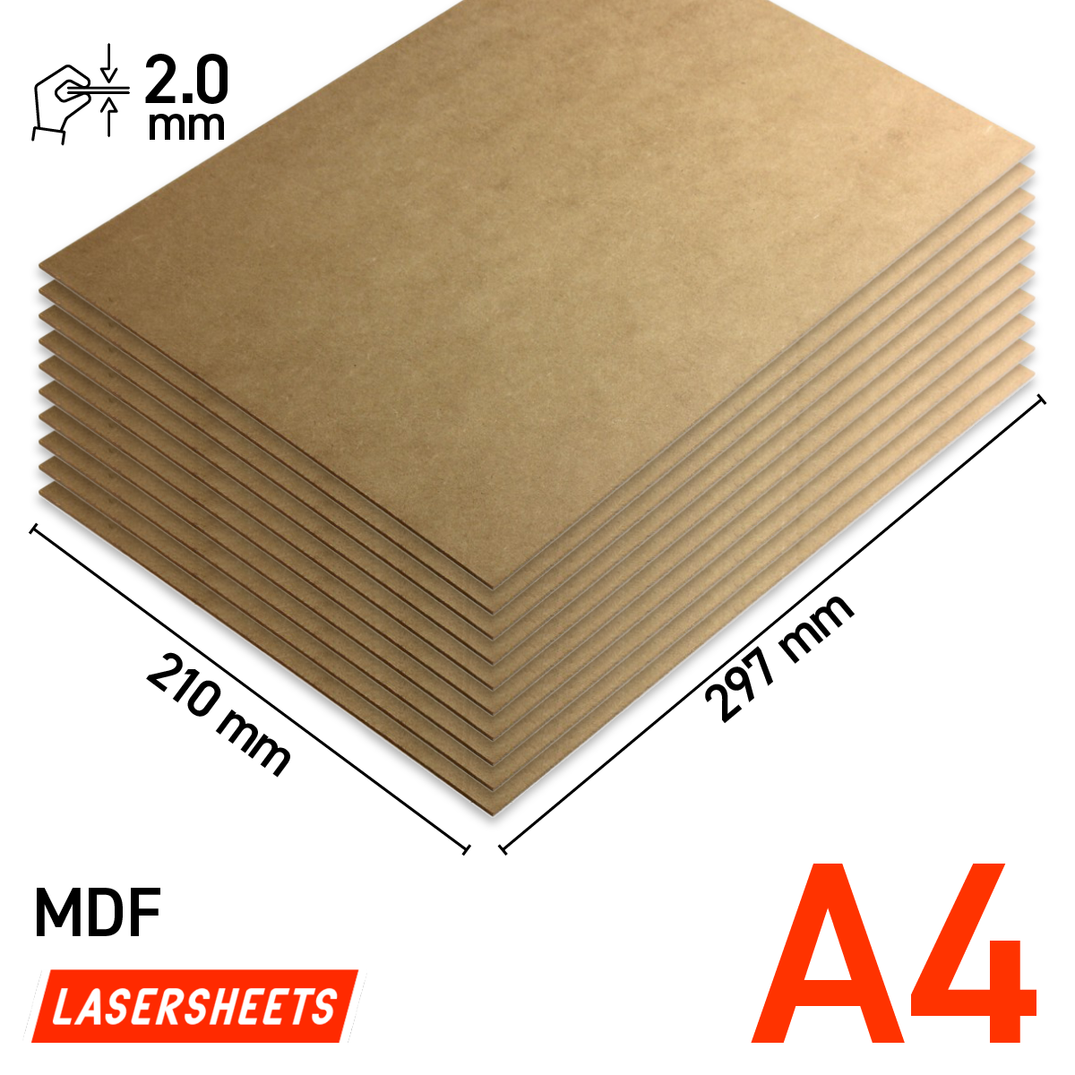 Lasersheets 10 x A4 MDF de 2 mm | 210 x 297 mm | Pack ahorro | Para corte láser, maquetismo, hobby, CNC, pirografía