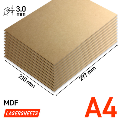 Lasersheets 10 x A4 3mm MDF | 210 x 297 mm | Pack ahorro | Para corte láser, maquetismo, hobby, CNC, pirografía