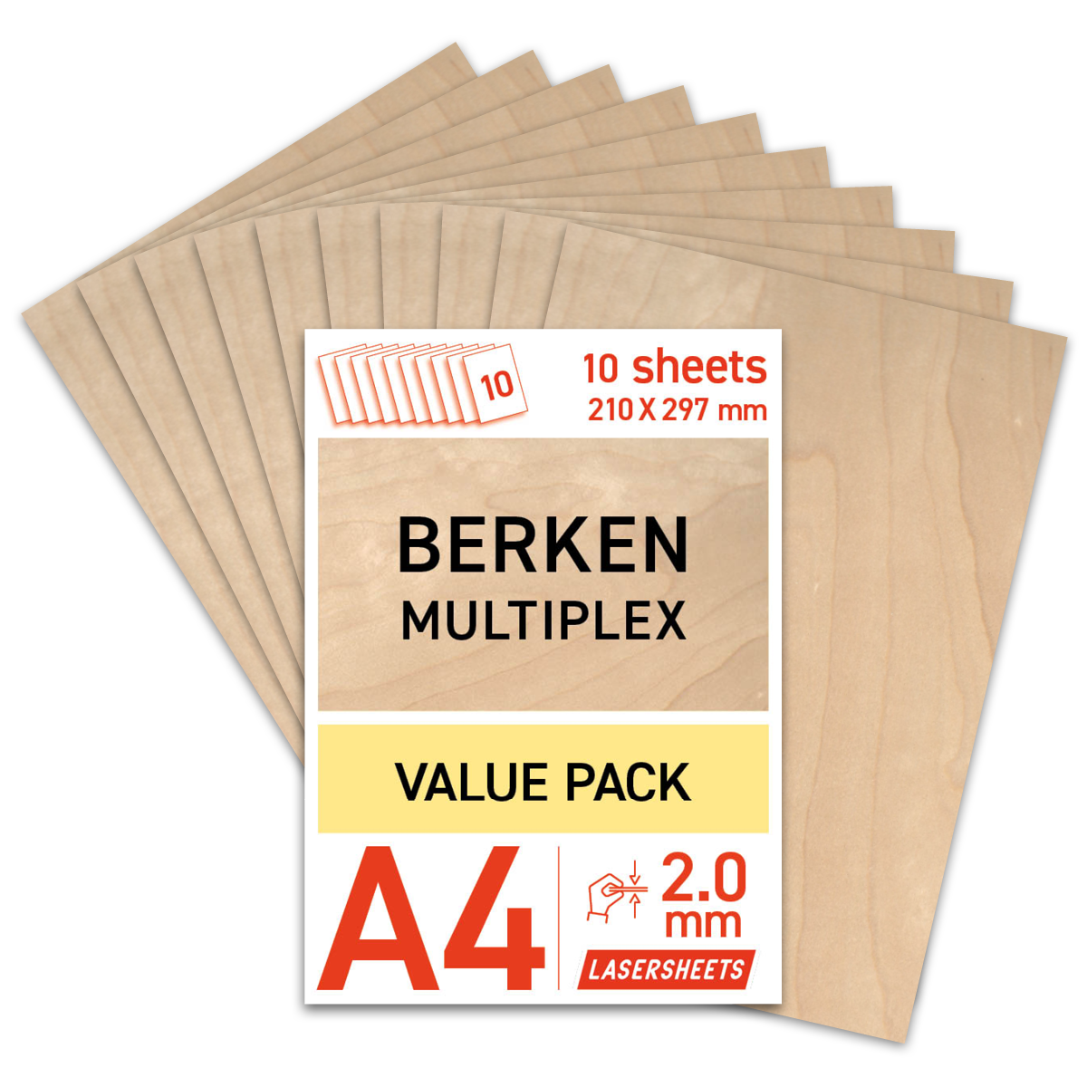 Lasersheets 10 x A4 2mm Contrachapado de abedul | 210 x 297 mm | Pack ahorro | Para corte láser, modelismo, hobby, CNC, pirografía