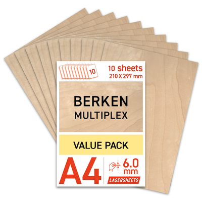 Lasersheets 10 x A4 6mm Contrachapado de abedul | 210 x 297 mm | Pack ahorro | Para corte láser, maquetismo, hobby, CNC, pirografía