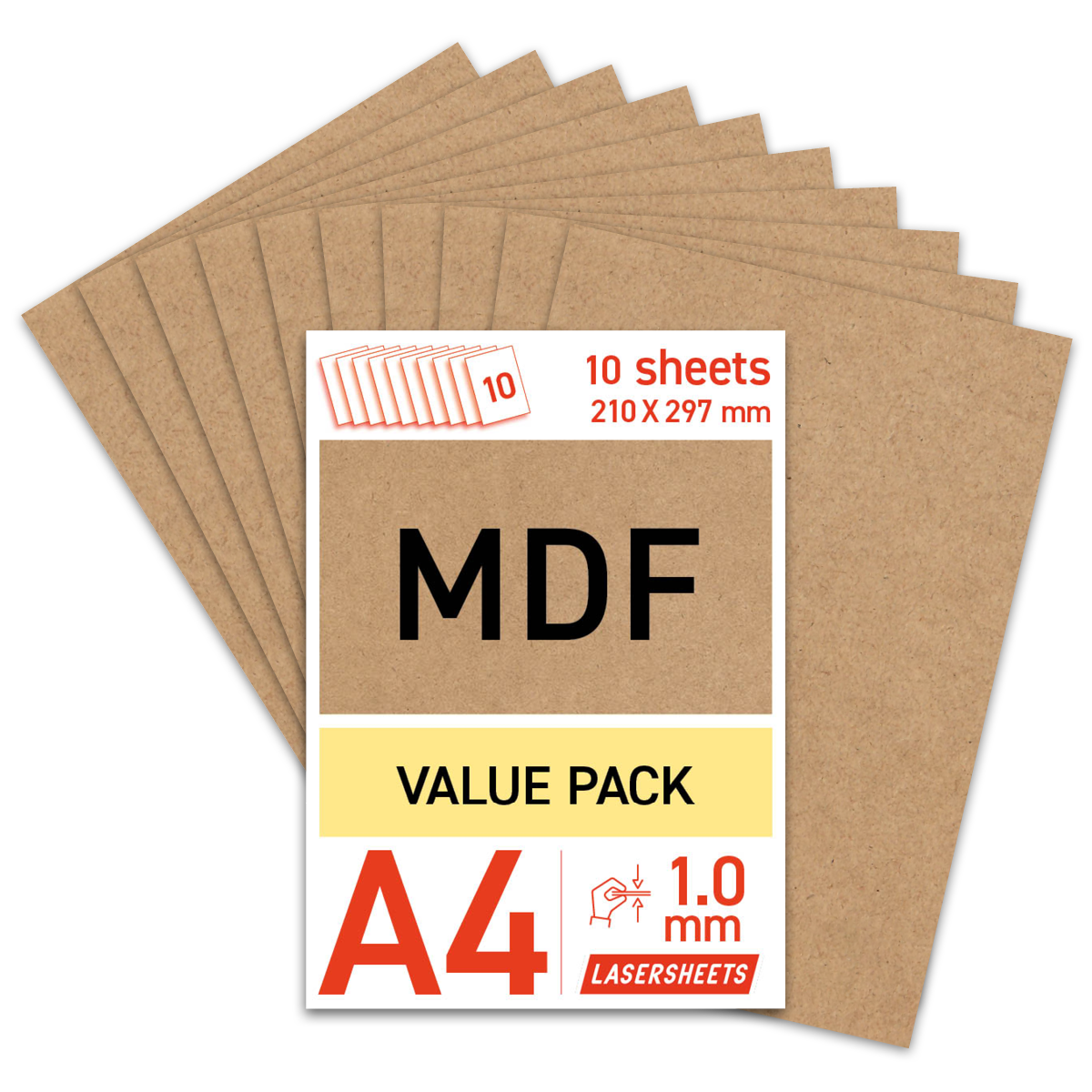 Lasersheets 10 x A4 1mm MDF | 210 x 297 mm | Pack ahorro | Para corte láser, maquetismo, hobby, CNC, pirografía