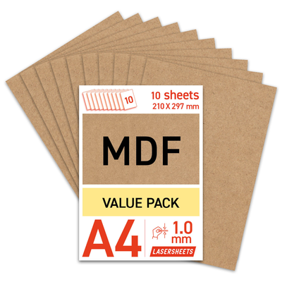 Lasersheets 10 x A4 1mm MDF | 210 x 297 mm | Pack ahorro | Para corte láser, maquetismo, hobby, CNC, pirografía